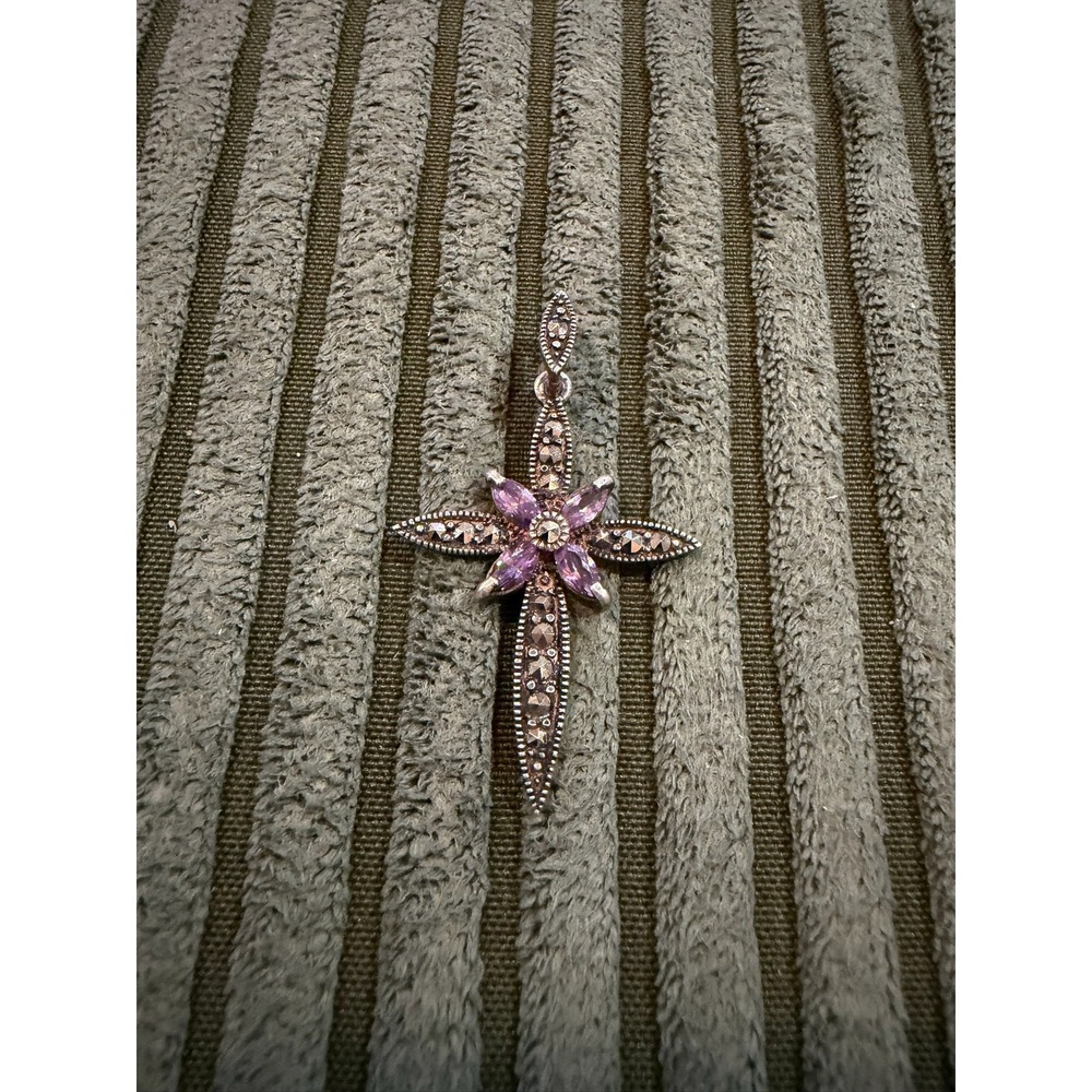 Sterling‎ Silver Marcasite Amethyst Cross Pendant Necklace Charm Religious